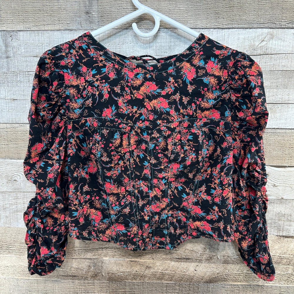 Free People Floral Corset‎ Crop Top Black Pink Puff Sleeve Open Back Boho size L